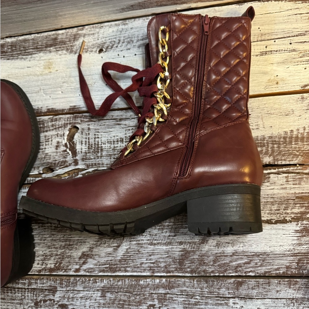 Quilted Burgundy Combat Boots with Gold Chain - Picture 6 of 6
